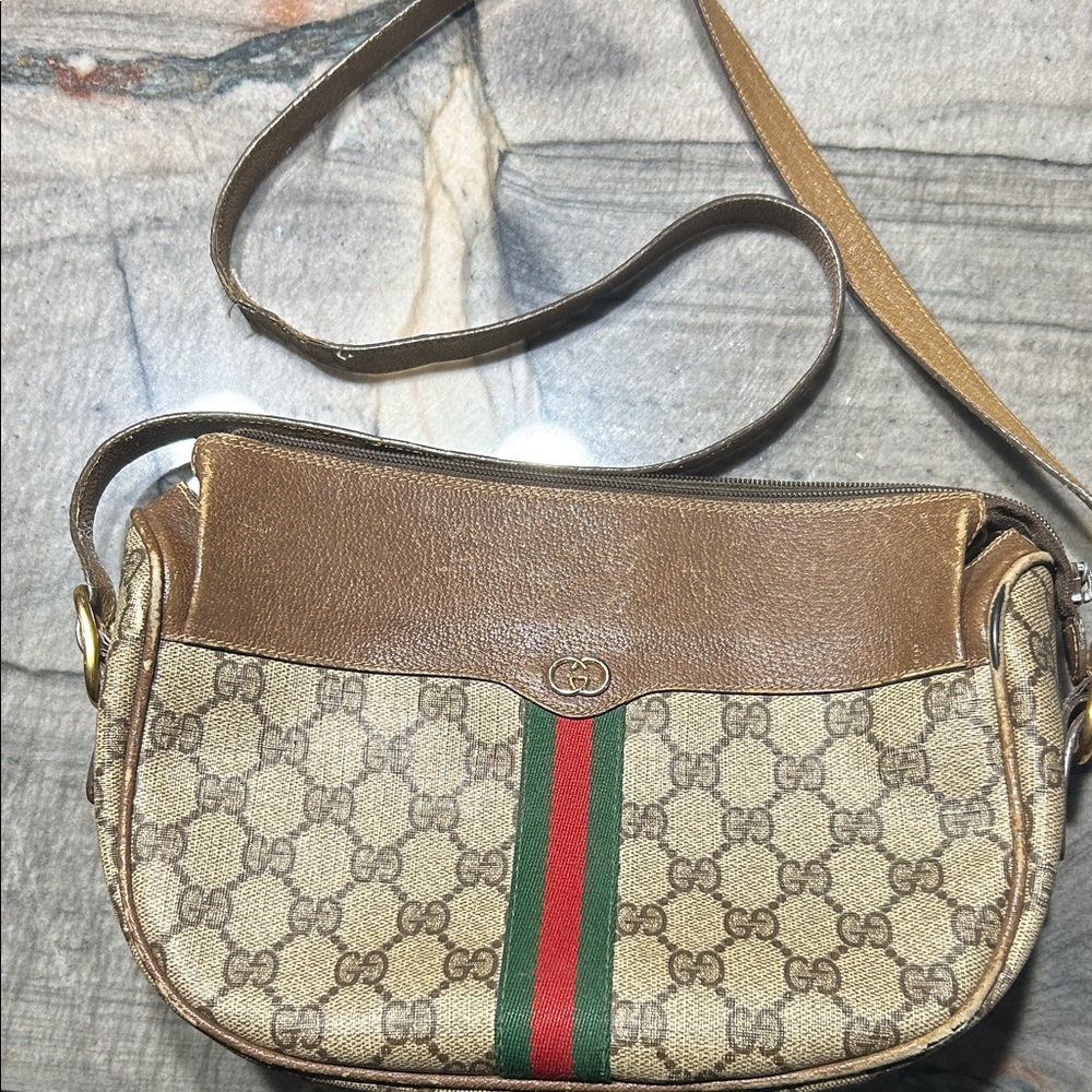 Gucci Brown and Tan Crossbody Bag with Red and Green Stripe